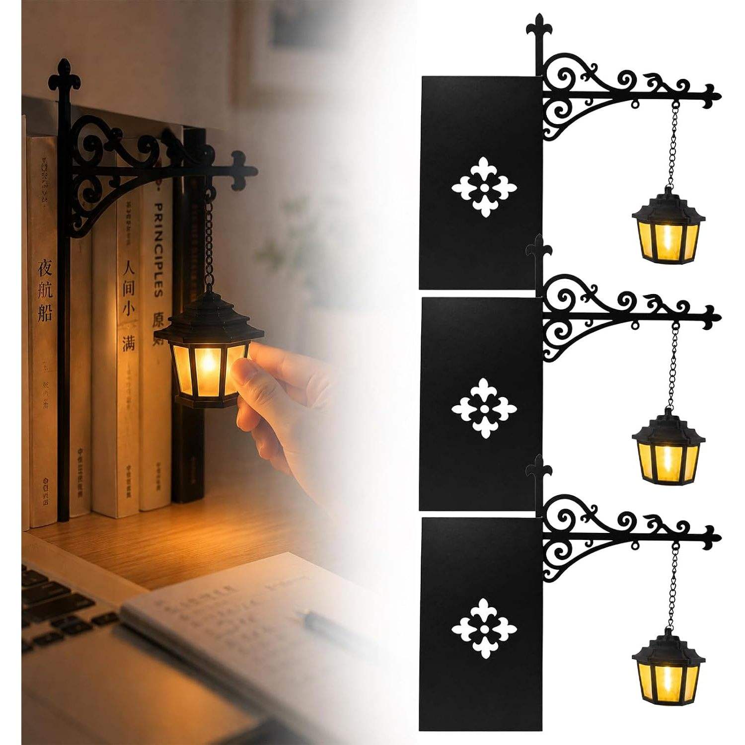 Ozdobne latarenki Book-Nook w kilku rozmiarach na półce