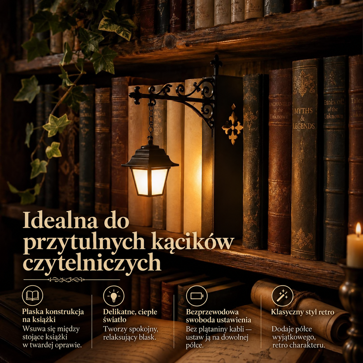 Plansza po polsku: lampka do kącika czytelniczego, ciepłe światło i bezprzewodowa forma